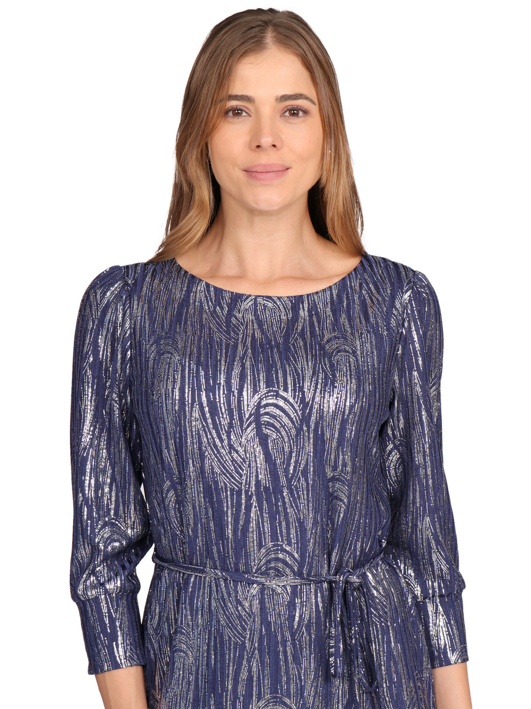Vestido Cuello Redondo,  Manga 3/4, Amarre en la Cintura ,Estampado con Brillos