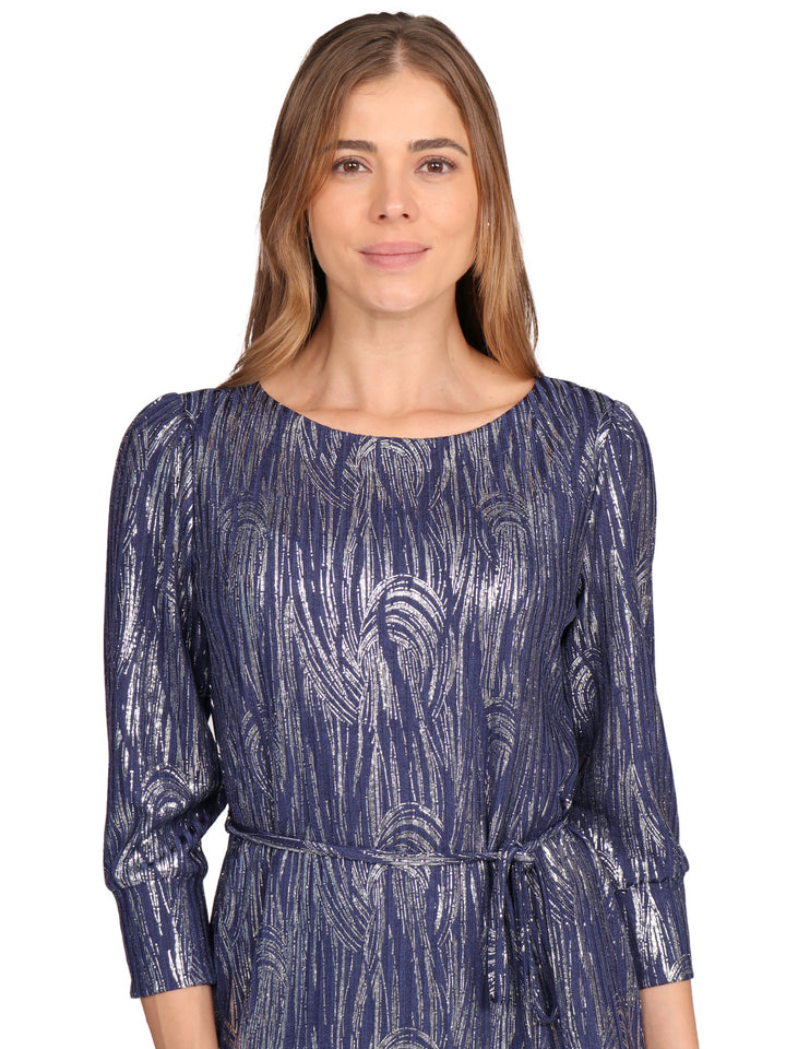 Vestido Cuello Redondo,  Manga 3/4, Amarre en la Cintura ,Estampado con Brillos