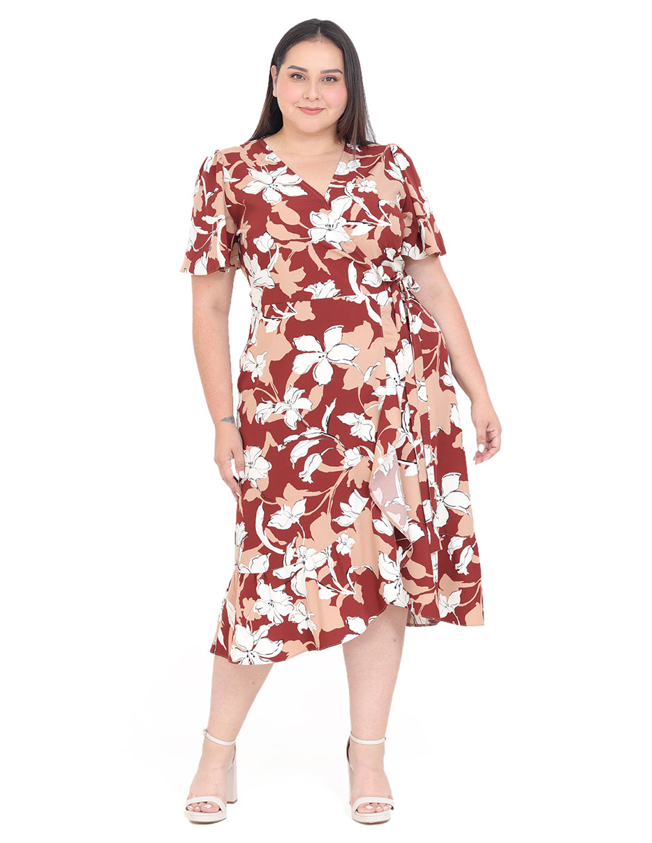 Vestido Curvy Carilo, Cuello en V Cruzado,  Manga Corta, Estampado