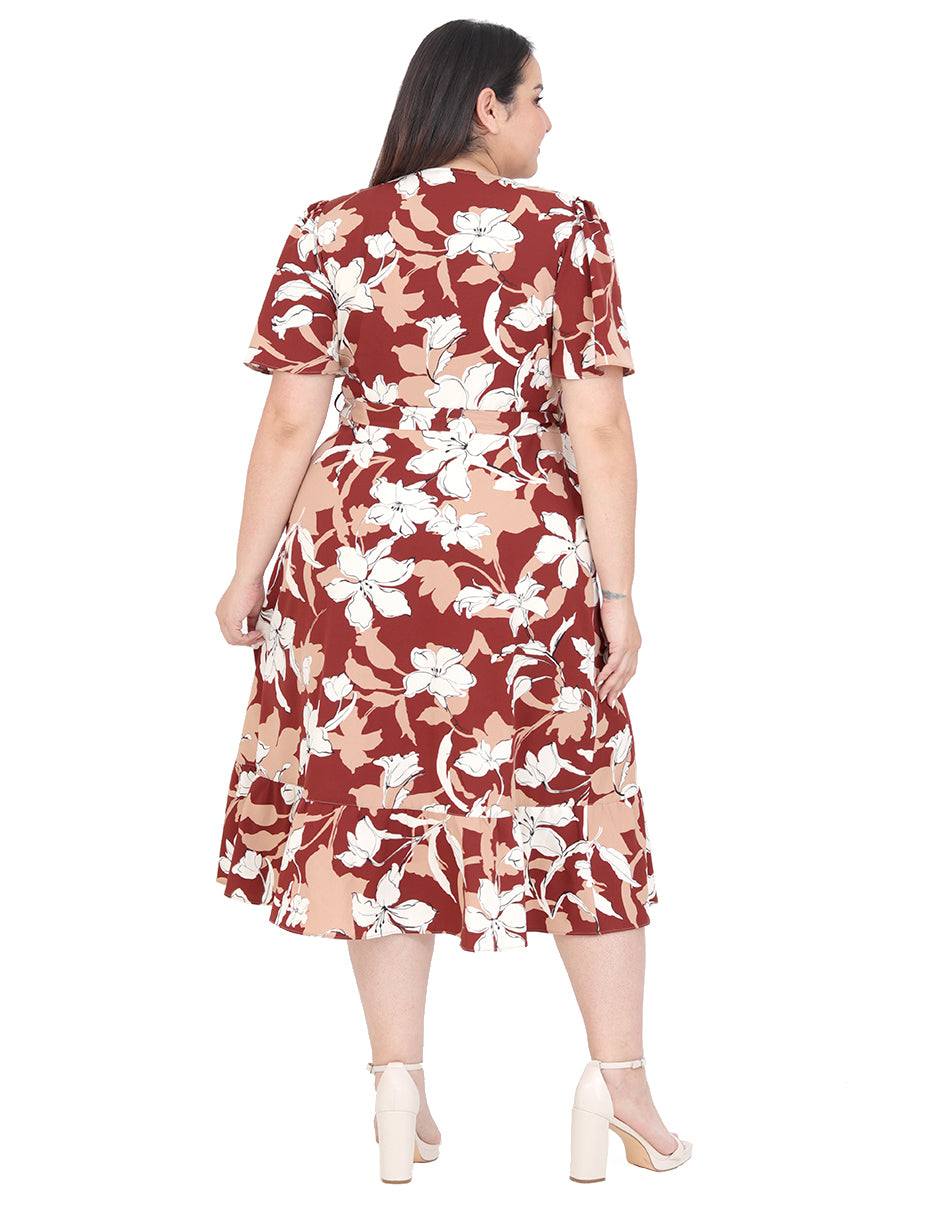 Vestido Curvy Carilo, Cuello en V Cruzado,  Manga Corta, Estampado