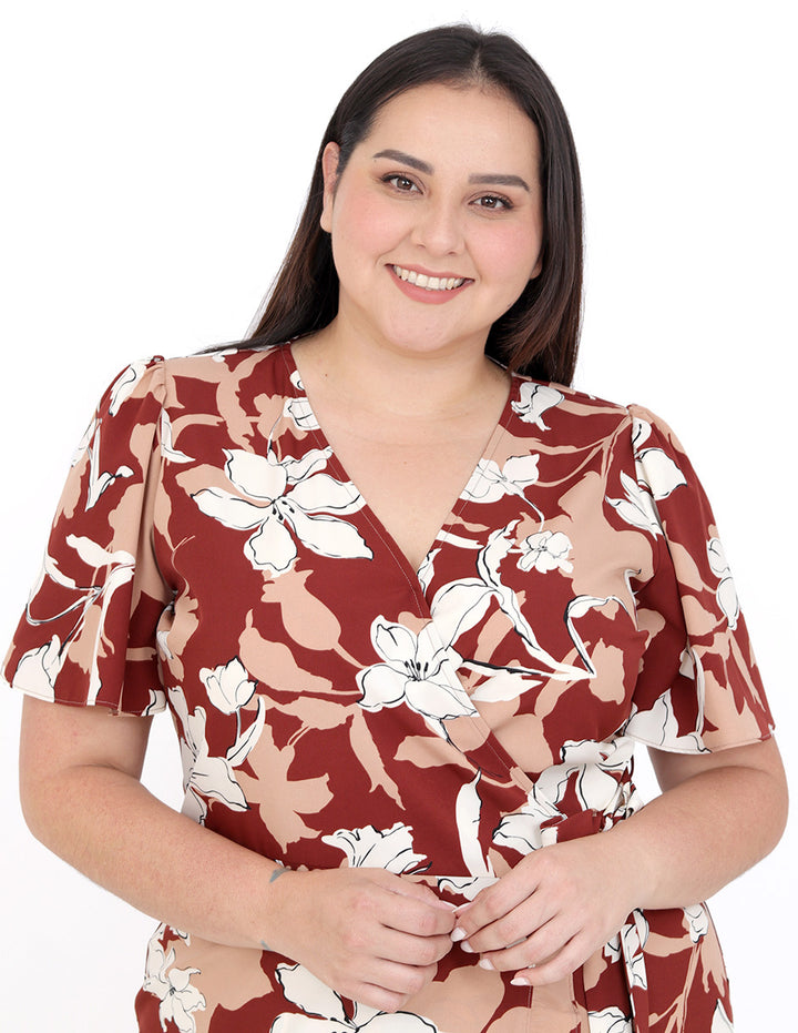 Vestido Curvy Carilo, Cuello en V Cruzado,  Manga Corta, Estampado