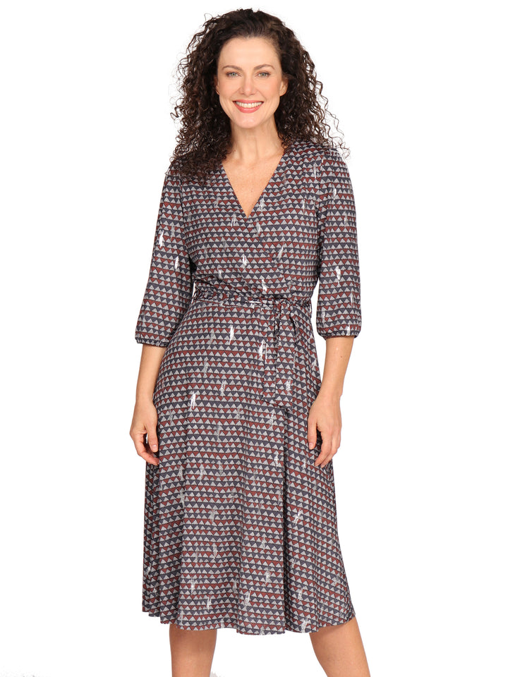 Vestido Cuello V,  Manga 3/4, Amarre en la Cintura ,Estampado