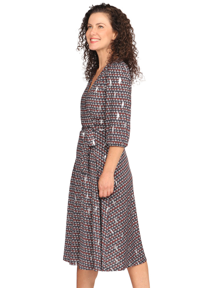 Vestido Cuello V,  Manga 3/4, Amarre en la Cintura ,Estampado