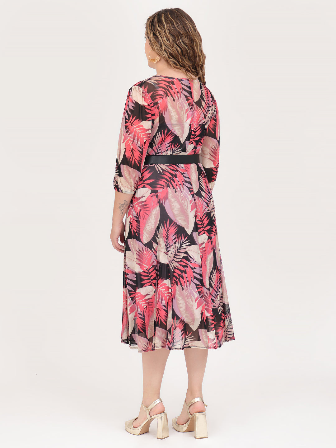 Vestido  Cuello Redondo, Manga 3/4, Recto, Estampado