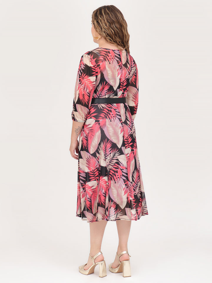 Vestido  Cuello Redondo, Manga 3/4, Recto, Estampado