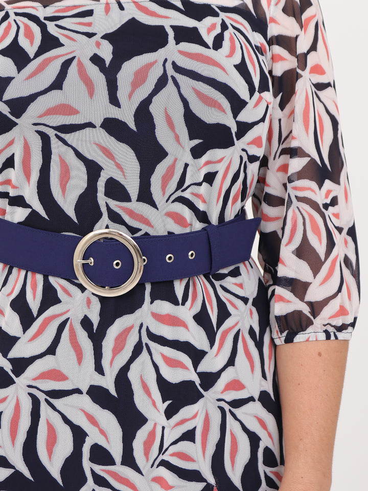 Vestido  Cuello Redondo, Manga 3/4, Recto, Estampado