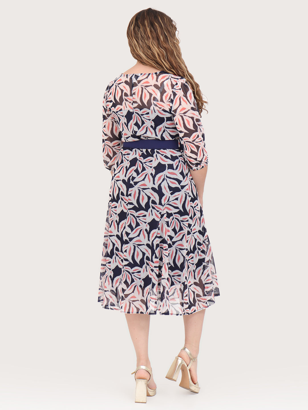 Vestido  Cuello Redondo, Manga 3/4, Recto, Estampado