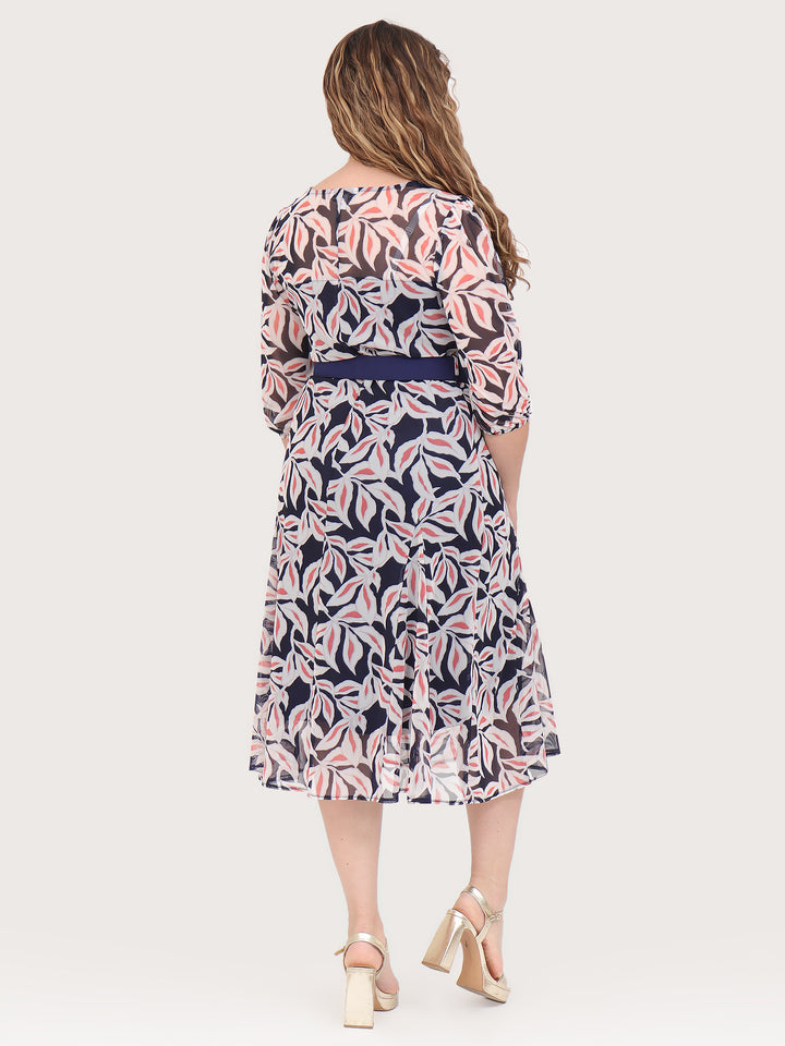 Vestido  Cuello Redondo, Manga 3/4, Recto, Estampado