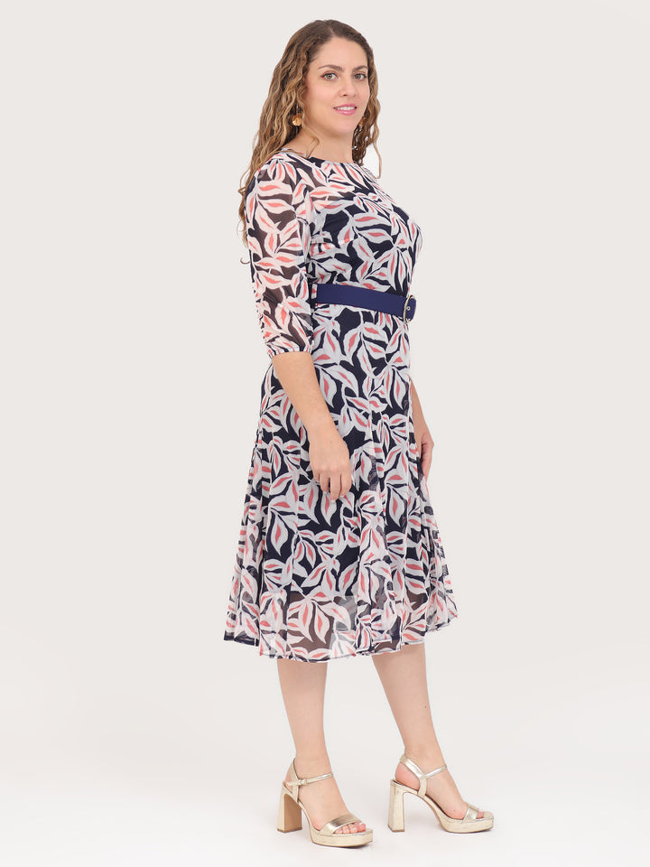 Vestido  Cuello Redondo, Manga 3/4, Recto, Estampado