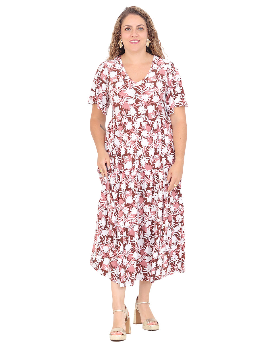 Vestido  Cuello V, Manga Olán, Largo, Estampado