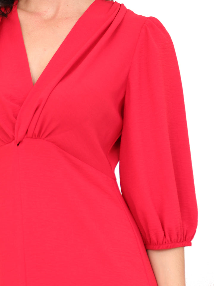 Vestido Cuello V Cruzado, Manga 3/4, Largo, Liso