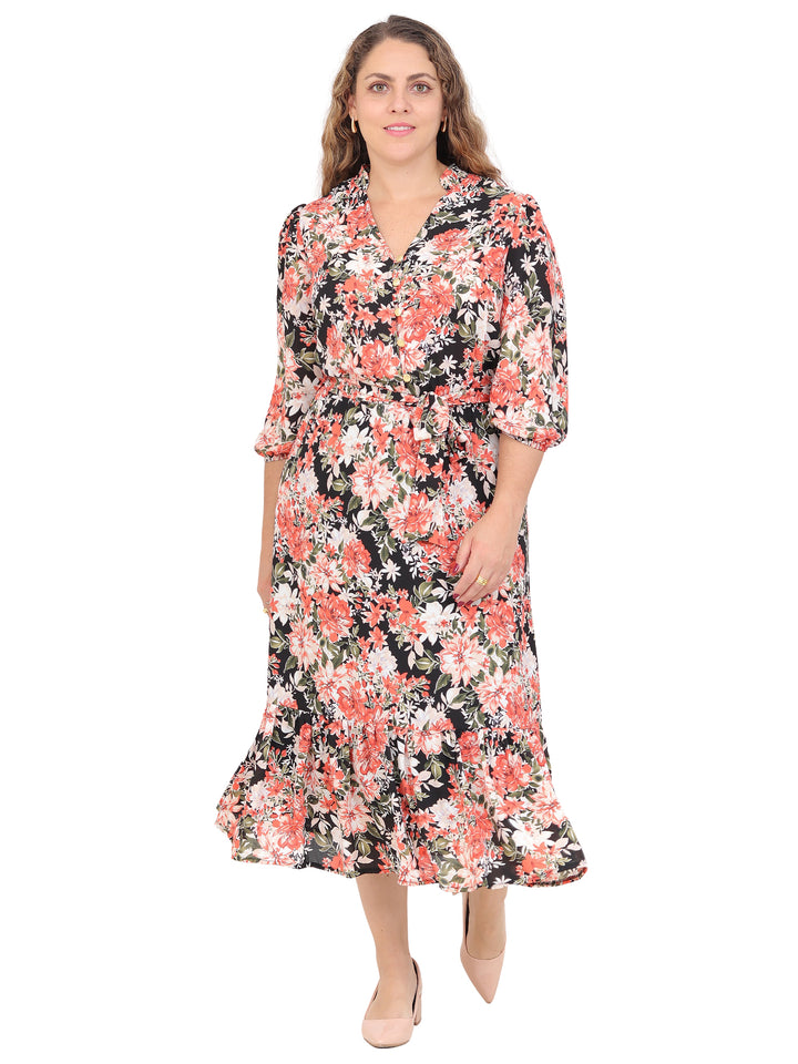 Vestido  Cuello V, Manga 3/4, Largo, Estampado