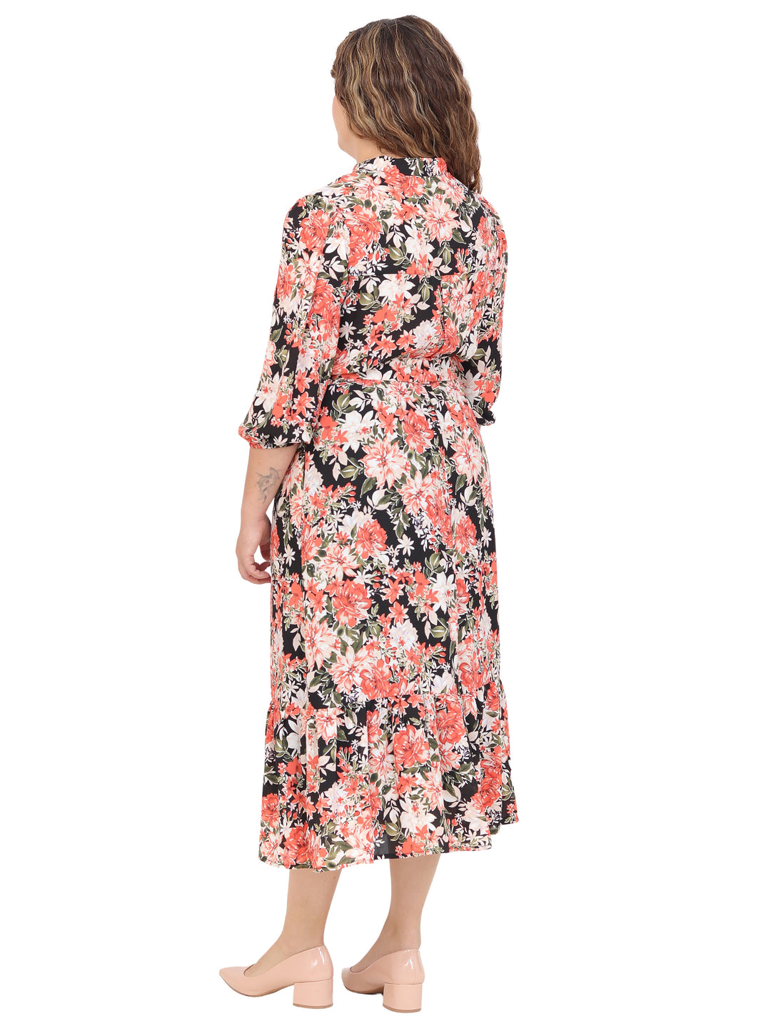 Vestido  Cuello V, Manga 3/4, Largo, Estampado
