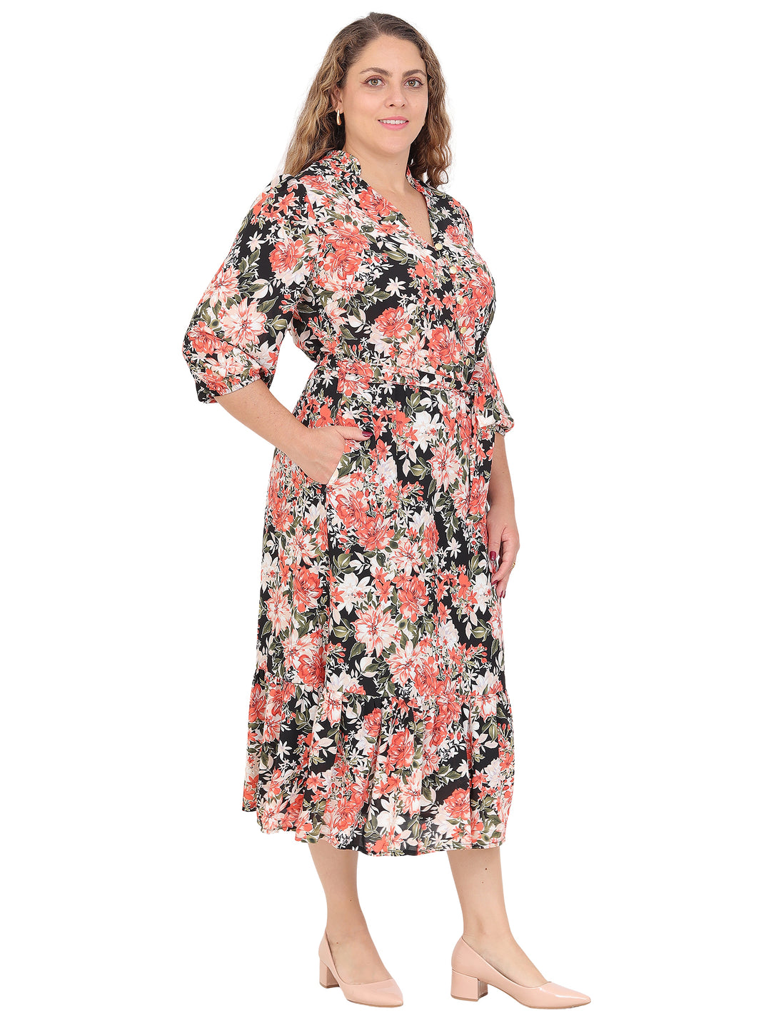 Vestido  Cuello V, Manga 3/4, Largo, Estampado