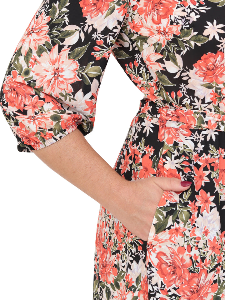 Vestido  Cuello V, Manga 3/4, Largo, Estampado