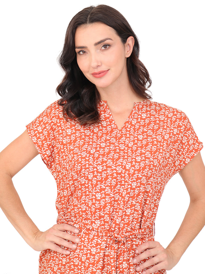 Vestido Cuello V , Manga Corta, Estampada