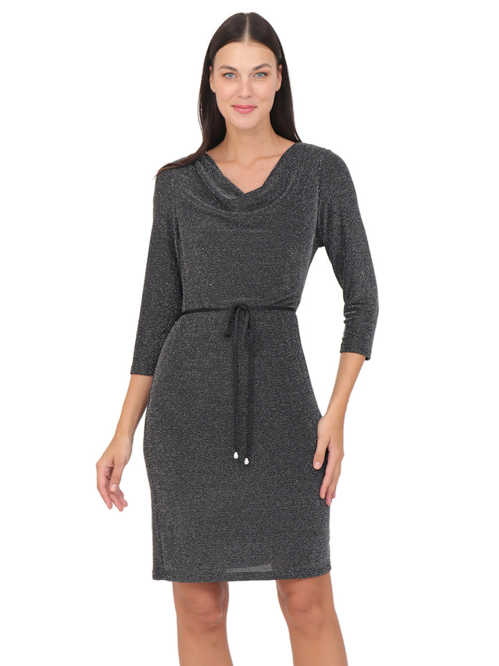 Vestido  Cuello Redondo, Manga 3/4, Recto, Estampado en Brillos