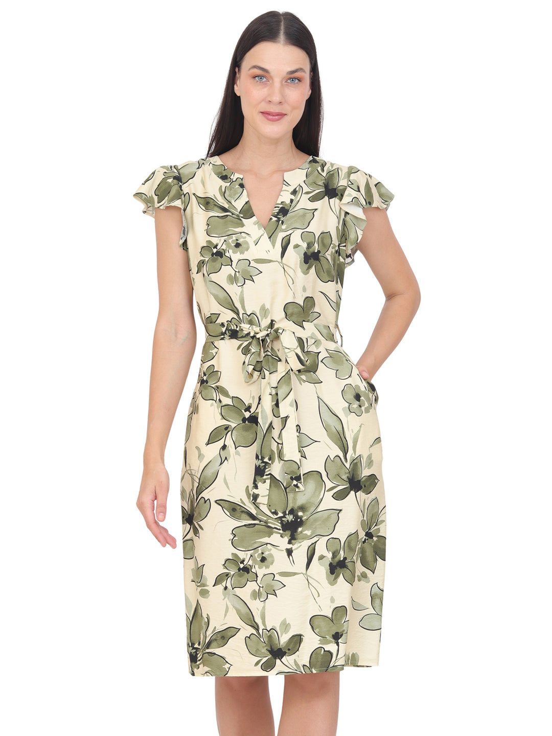 Vestido  Cuello en V , Amarre en la Cintura,Estampado