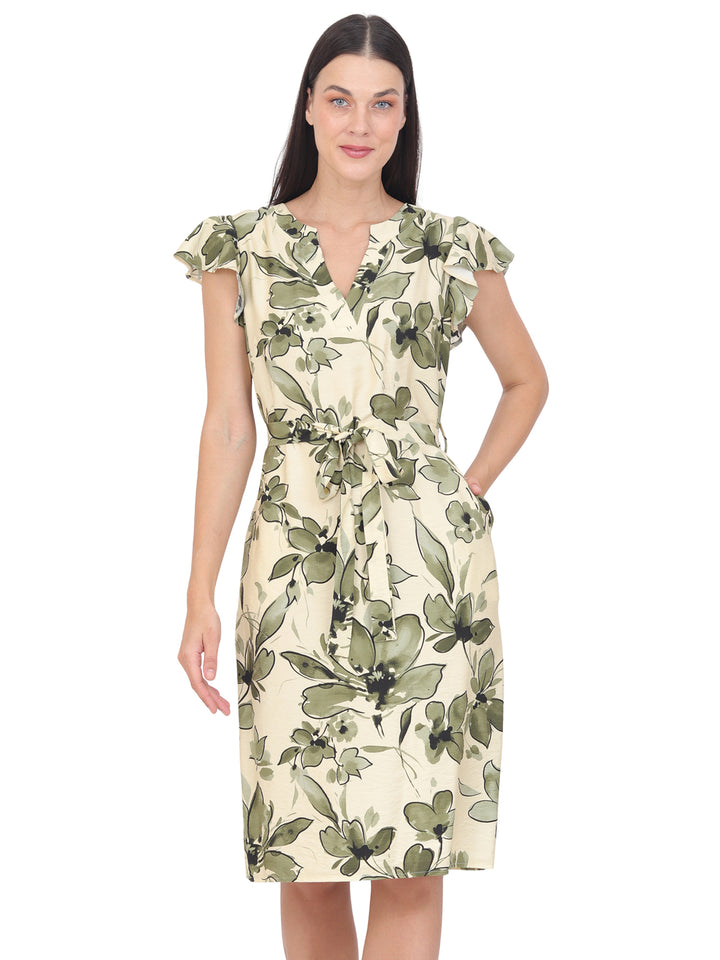 Vestido  Cuello en V , Amarre en la Cintura,Estampado
