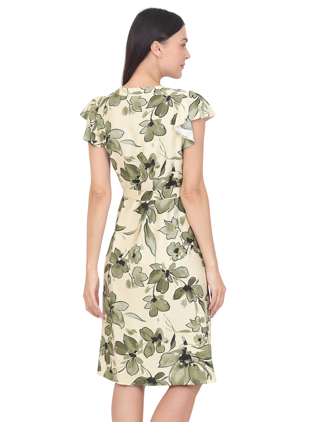Vestido  Cuello en V , Amarre en la Cintura,Estampado