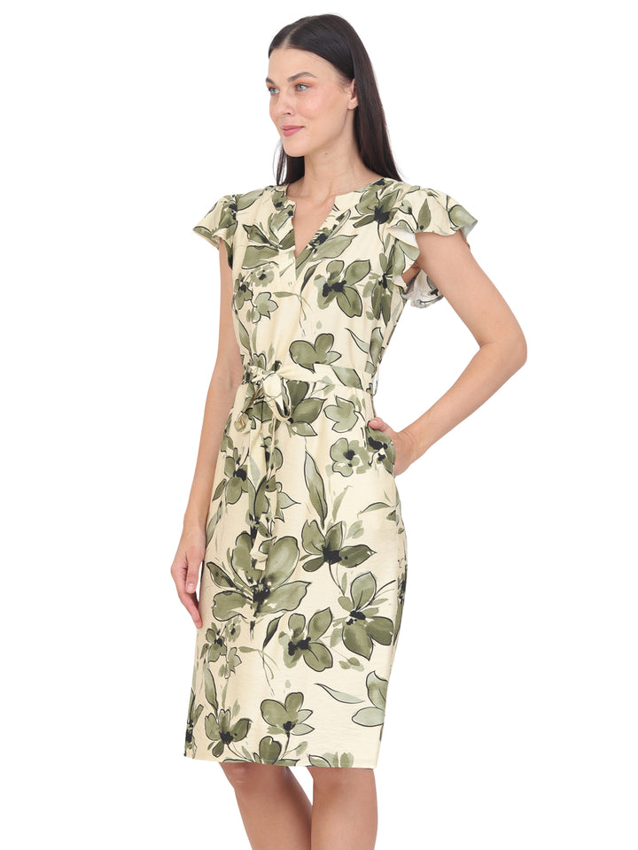 Vestido  Cuello en V , Amarre en la Cintura,Estampado