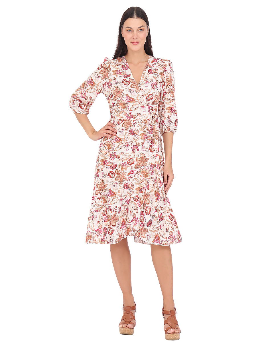 Vestido  Cruzado, Manga 3/4, Estampado