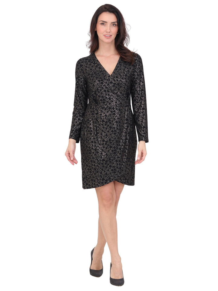 Vestido  Cuello V, Manga  Larga, Asimétrico, Estampado en Brillos