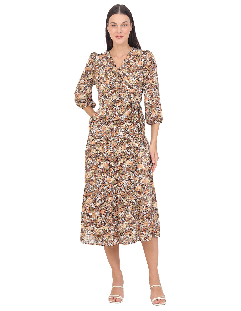 Vestido  Cuello V, Manga 3/4, Largo, Estampado