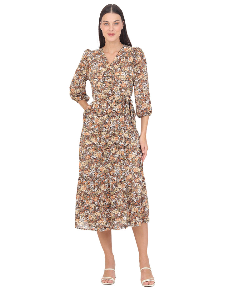 Vestido  Cuello V, Manga 3/4, Largo, Estampado