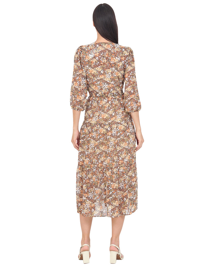 Vestido  Cuello V, Manga 3/4, Largo, Estampado