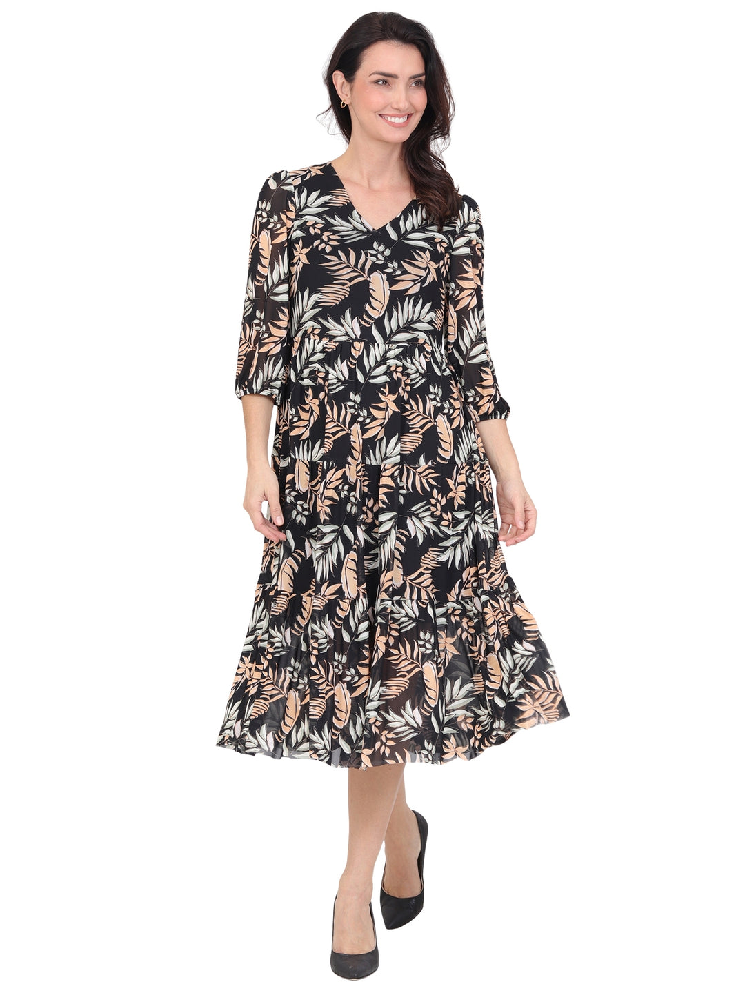 Vestido  Cuello V, Manga 3/4, Largo, Estampado