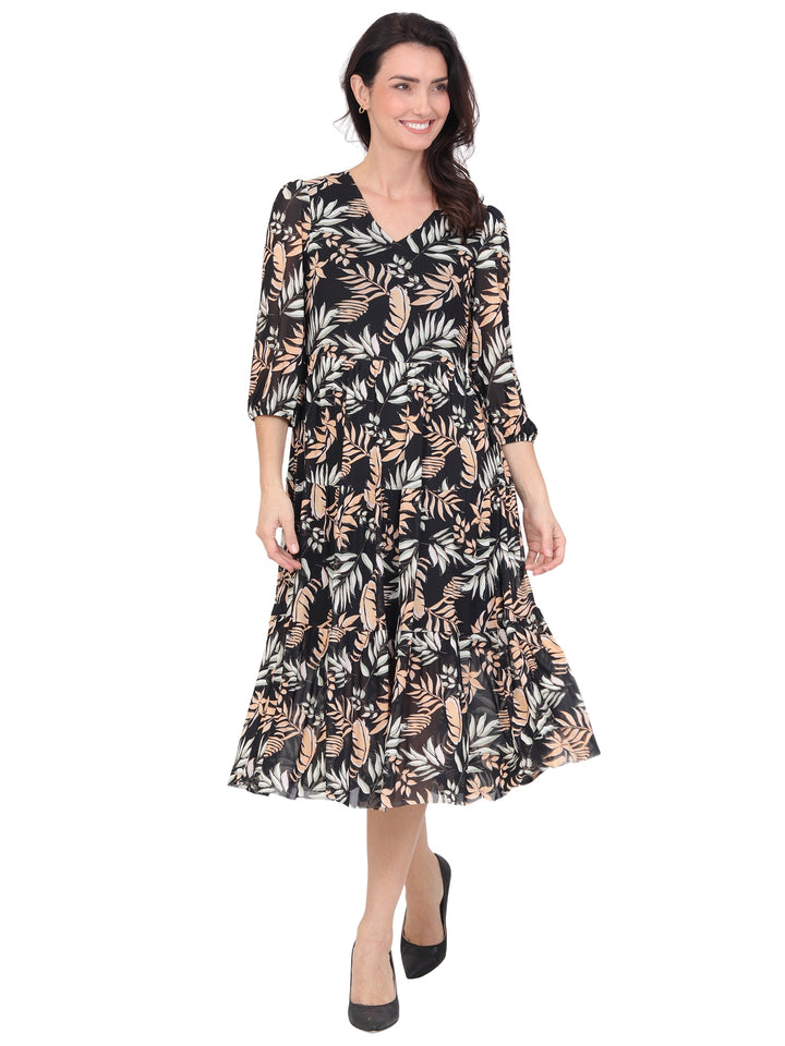 Vestido  Cuello V, Manga 3/4, Largo, Estampado
