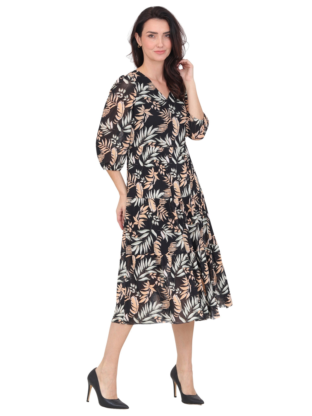 Vestido  Cuello V, Manga 3/4, Largo, Estampado