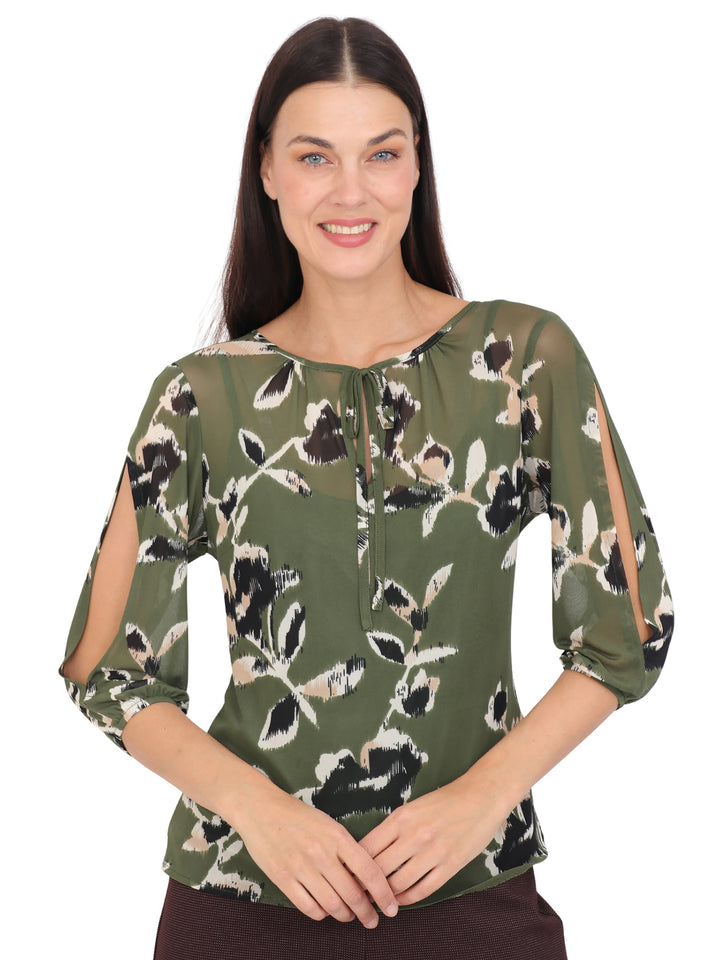 Blusa cuello Redondo, Manga 3/4, con Amarre, Estampada