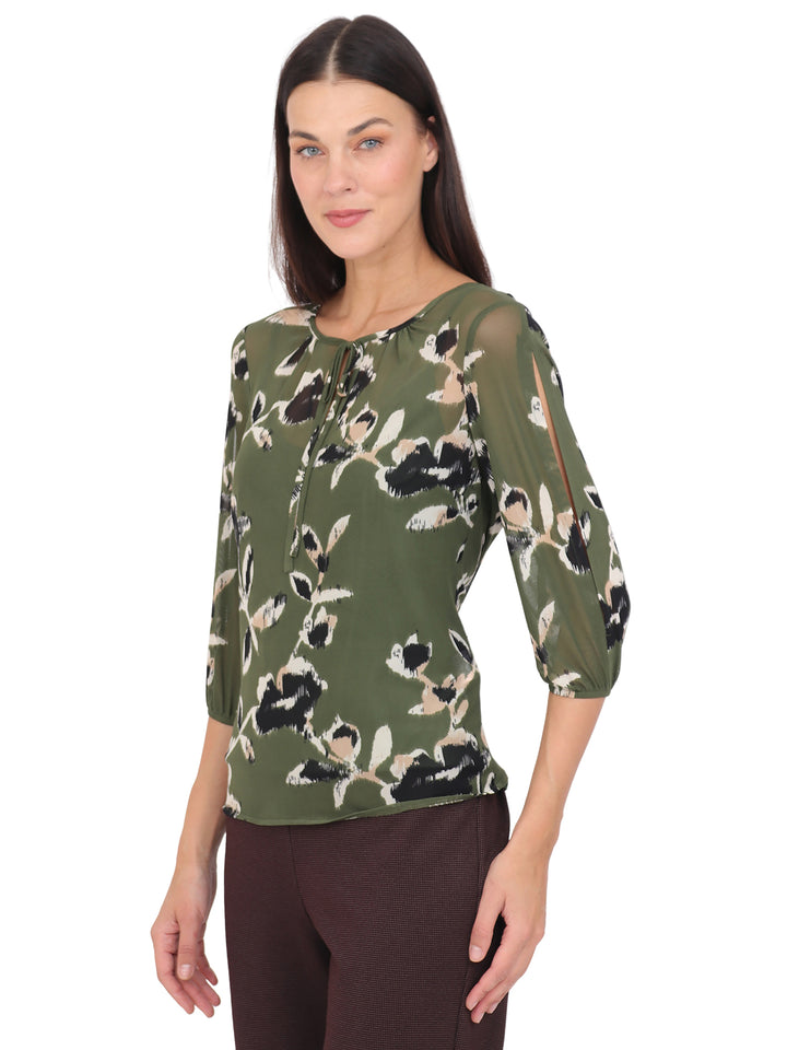 Blusa cuello Redondo, Manga 3/4, con Amarre, Estampada