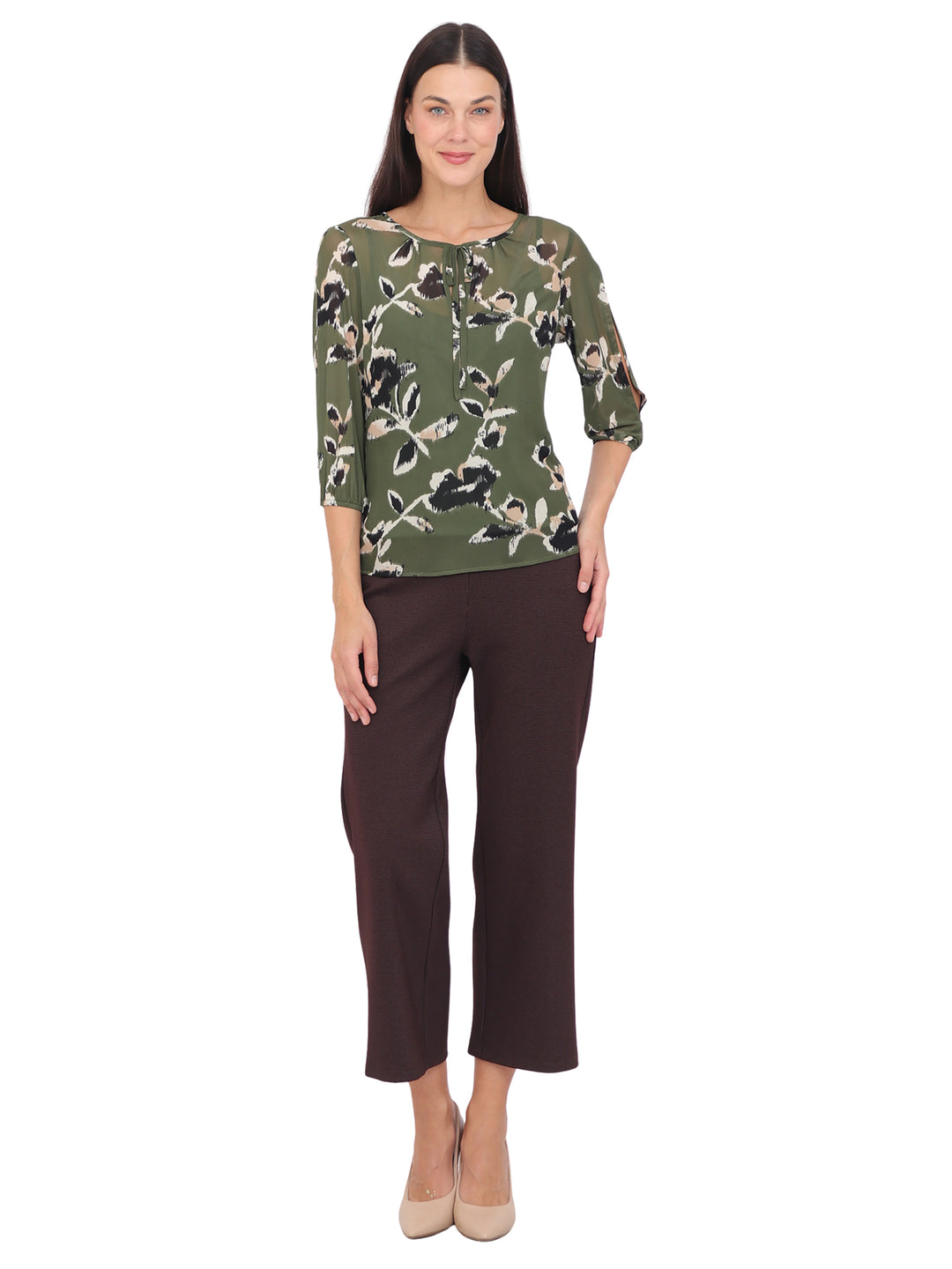 Blusa cuello Redondo, Manga 3/4, con Amarre, Estampada