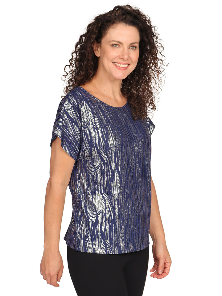 Blusa Cuello Redondo, Manga Corta, Estampada con Brilos