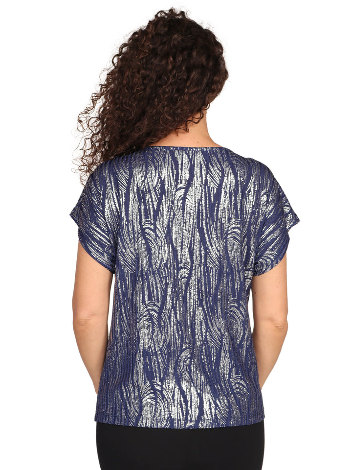 Blusa Cuello Redondo, Manga Corta, Estampada con Brilos