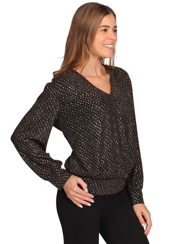 Blusa Cuello V, Manga Larga con Puños, Estampada