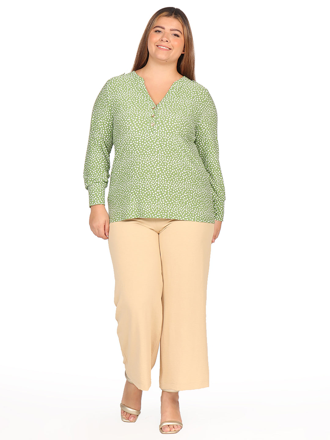Blusa Curvy Carilo, Cuello V,  Manga Larga,  Estampada