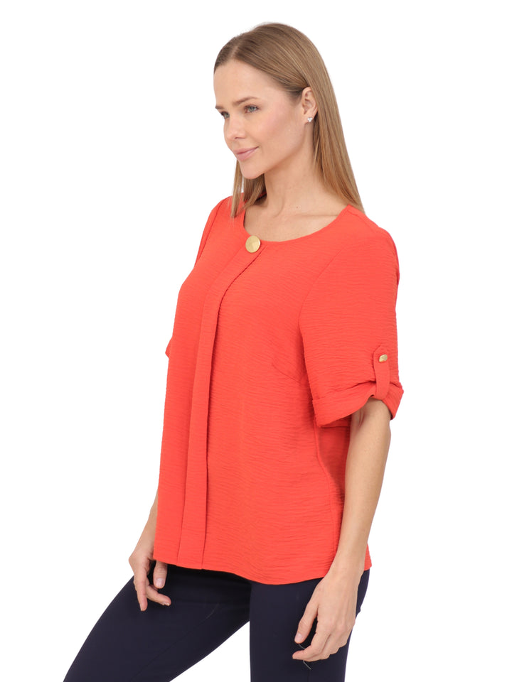 Blusa cuello Redondo, Manga Corta, con Aplicacion, Lisa