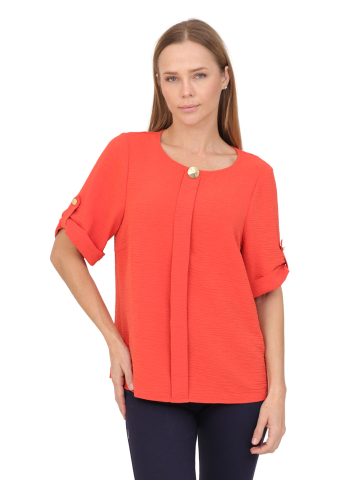Blusa cuello Redondo, Manga Corta, con Aplicacion, Lisa