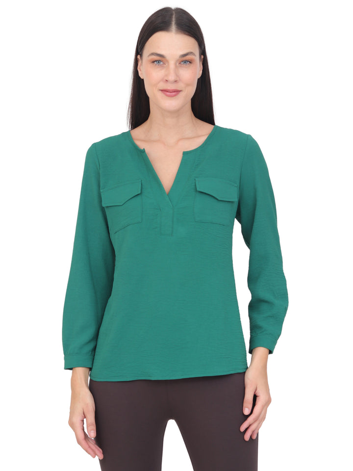 Blusa Cuello V,Bolsas Al Frente, Manga Larga con Puños, Lisa