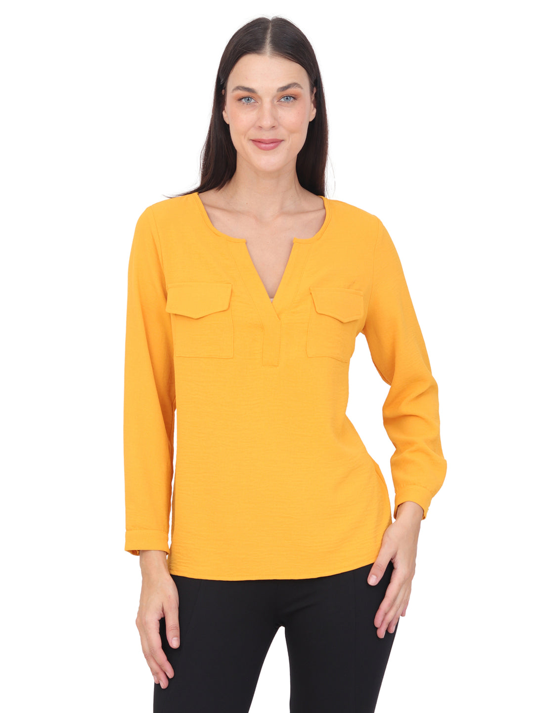 Blusa Cuello V,Bolsas Al Frente, Manga Larga con Puños, Lisa