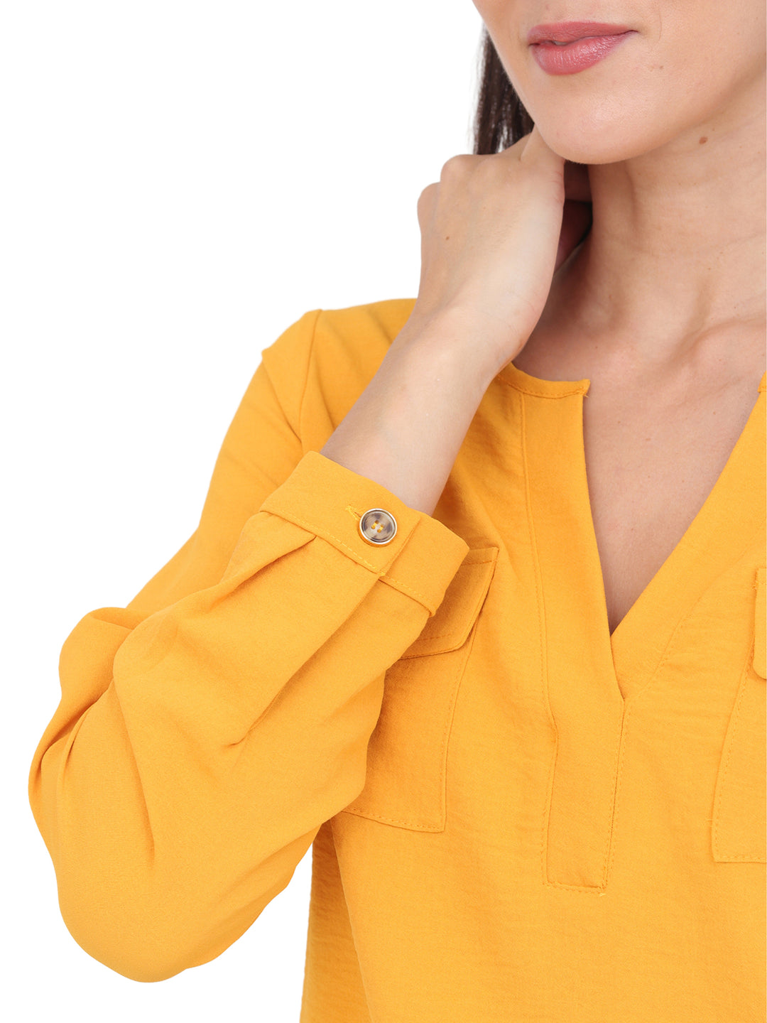 Blusa Cuello V,Bolsas Al Frente, Manga Larga con Puños, Lisa