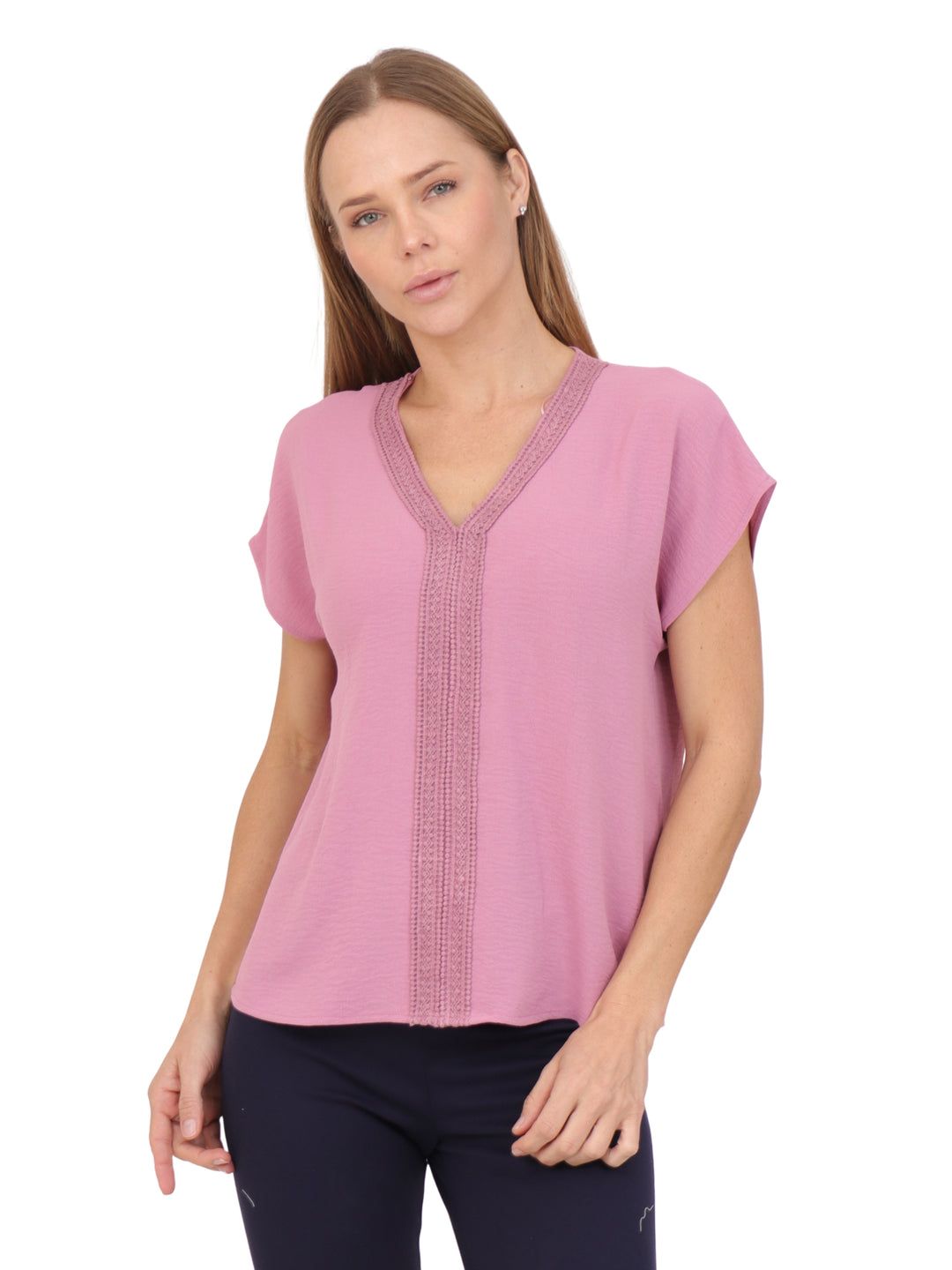 Blusa Cuello en V,Detalle en encaje,  Manga  Corta, Lisa