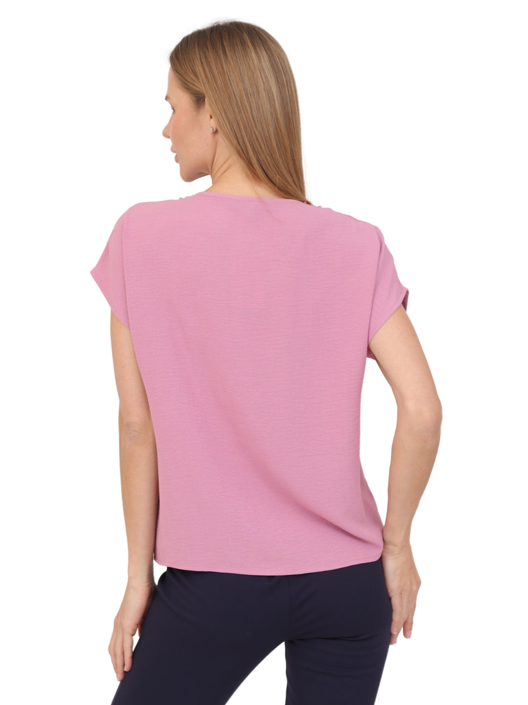 Blusa Cuello en V,Detalle en encaje,  Manga  Corta, Lisa