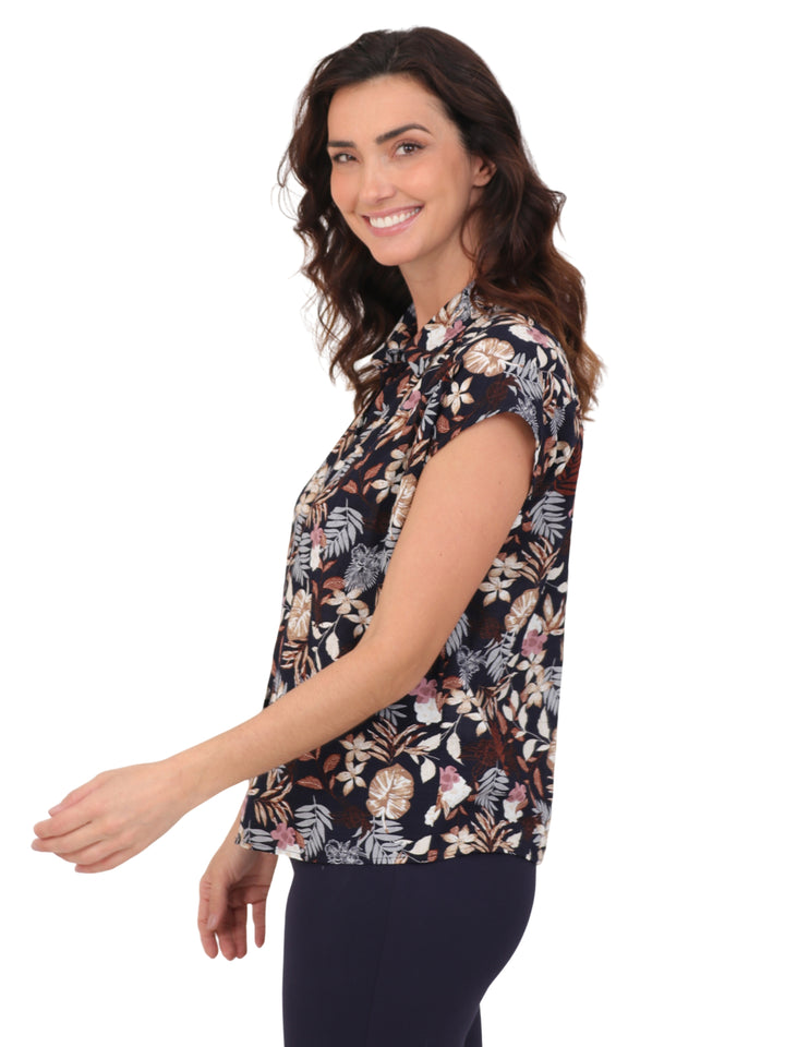 Blusa Cuello Camisero, Sin Manga , Estampada
