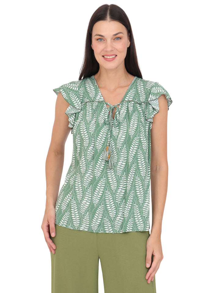 Blusa cuello V Manga Olán, con Amarre, Estampada