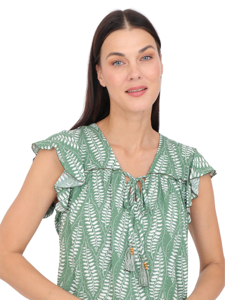 Blusa cuello V Manga Olán, con Amarre, Estampada